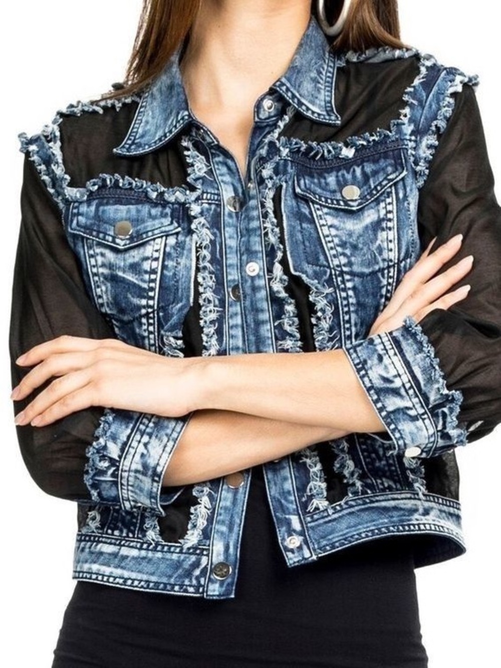 A.Z.I NY Distressed Blue Denim Jacket with Black Sheer Sleeves sz S